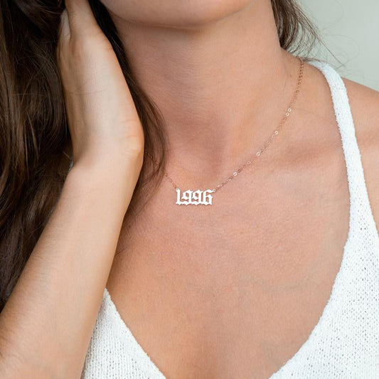 925 Sterling Silver Old English Font Number Necklace, Dainty Year Necklace - onlyone