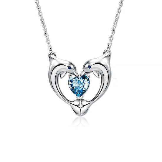 925 Sterling Silver Blue Crystal Dolphin Heart Necklace - onlyone