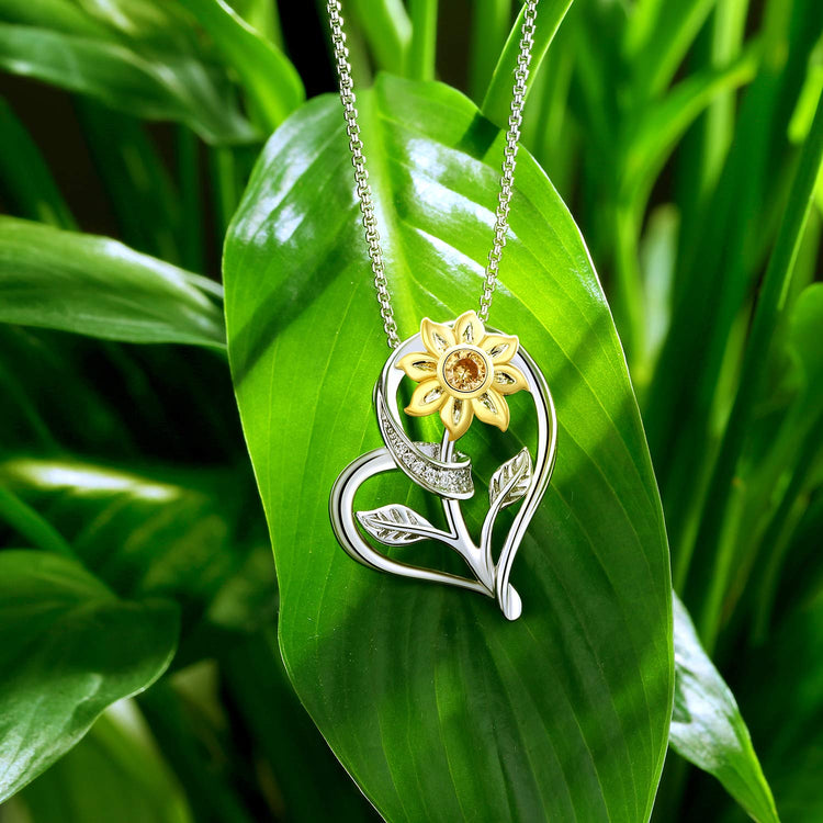 925 Sterling Silver Sunflower and Heart Pendant Necklace - onlyone