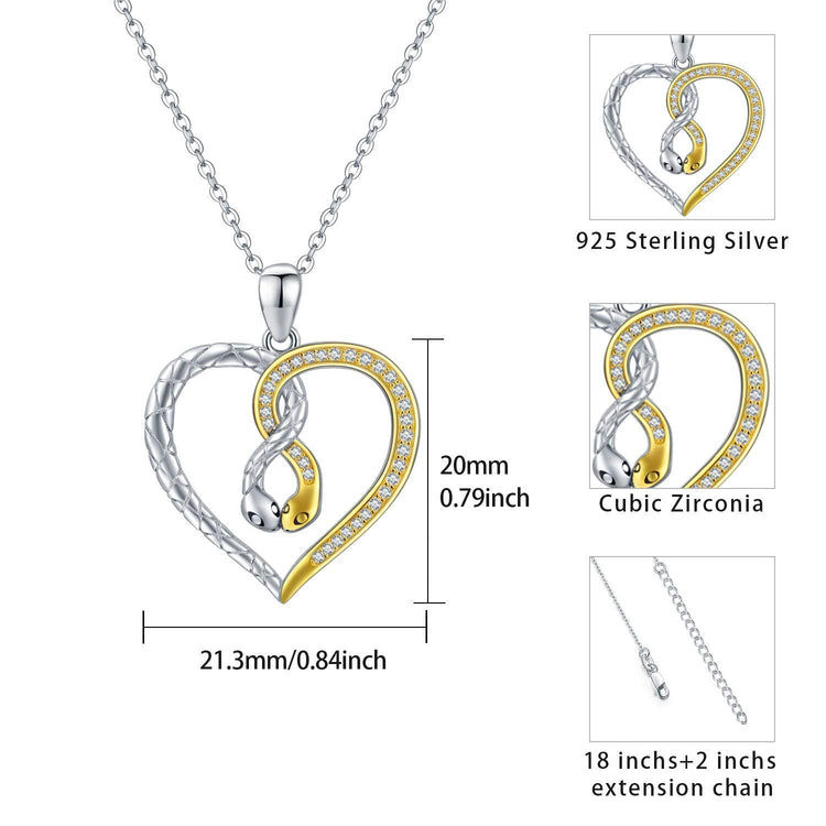 925 Sterling Silver Silver-Gold Snake Necklace Heart Pendant Necklace