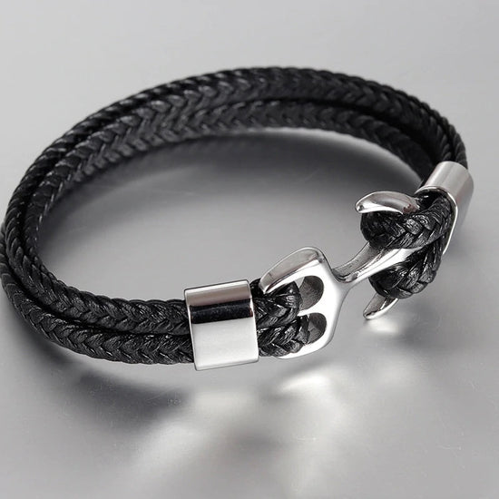 High Quality Men's Titanium Steel Bracelet Black Personality Leather Woven Anchor Leather Bracelet Rope Bracelet For Men Gift - onlyone