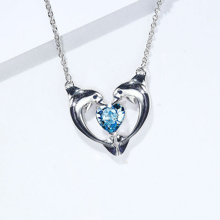 925 Sterling Silver Blue Crystal Dolphin Heart Necklace - onlyone