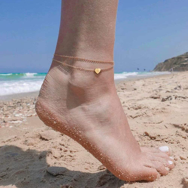 925 Sterling Silver Heart Initial Ankle Double Layered Anklet - onlyone