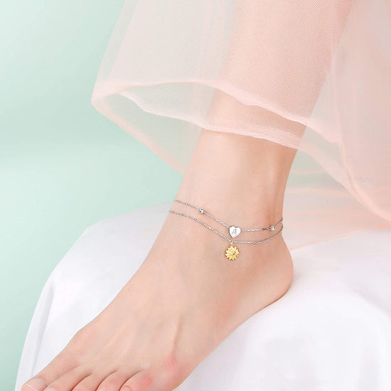 925 Sterling Silver Double Sunflower Customizable Alphabet Anklets Summer Style - onlyone