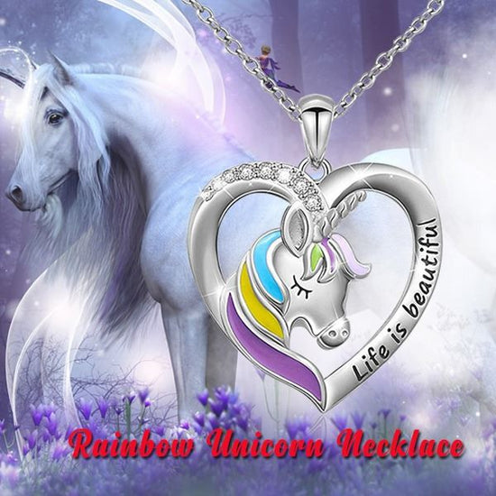 925 Sterling Silver Rainbow Unicorn Necklace 'Life is beautiful' Heart Pendant for Girls Mother Daughter - onlyone
