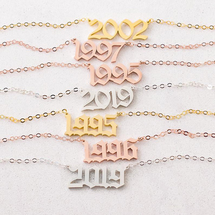 925 Sterling Silver Old English Font Number Necklace, Dainty Year Necklace - onlyone