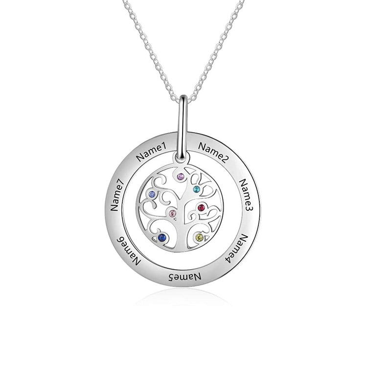 925 Sterling Silver Multi-Name Family Tree Necklace With Birthstone
