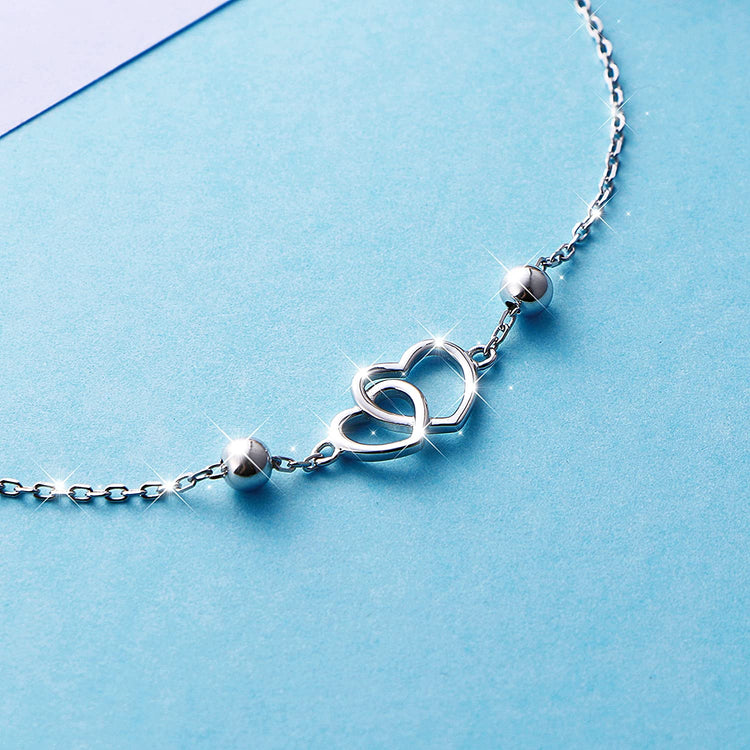 925 Sterling Silver Double Heart Adjustable Anklet - onlyone