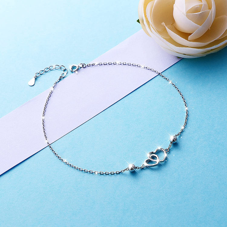 925 Sterling Silver Double Heart Adjustable Anklet - onlyone