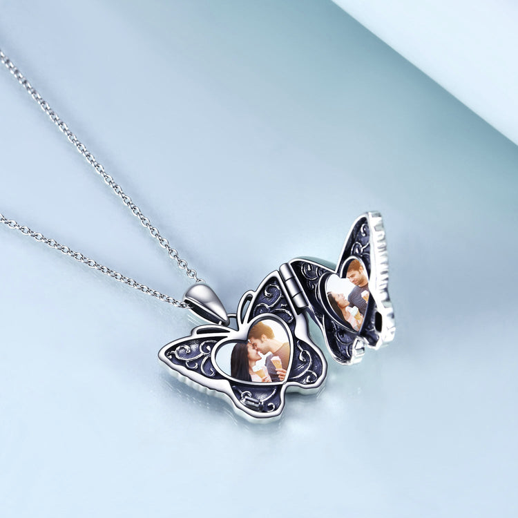 925 Sterling Silver Butterfly Heart Photo Locket Pendant Necklace