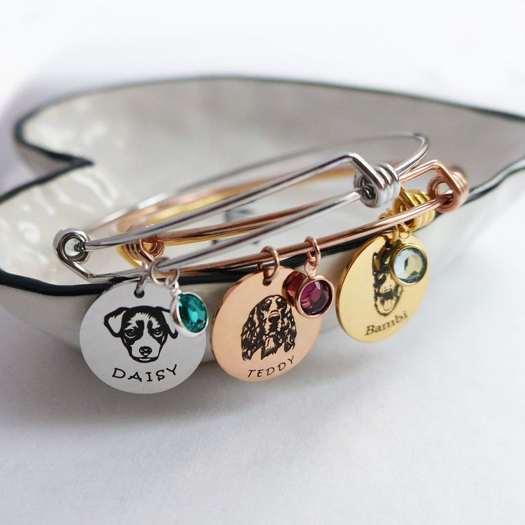 925 Sterling Silver Custom Pet Portrait Adjustable Bangle Round Photo Bangle