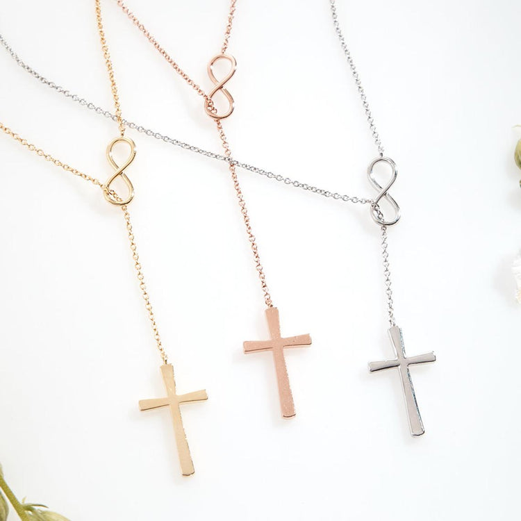 925 Sterling Silver Infinity Cross Vertical Lariat Necklace