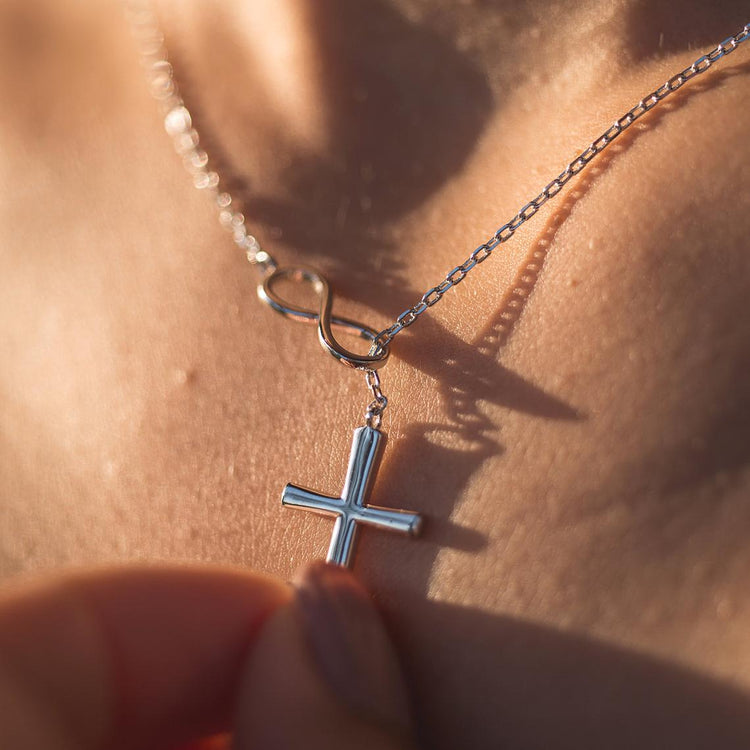 925 Sterling Silver Infinity Cross Vertical Lariat Necklace