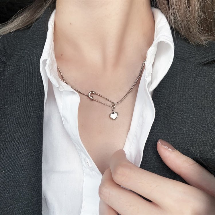 925 Sterling Silver Safety Pin Necklace With Heart