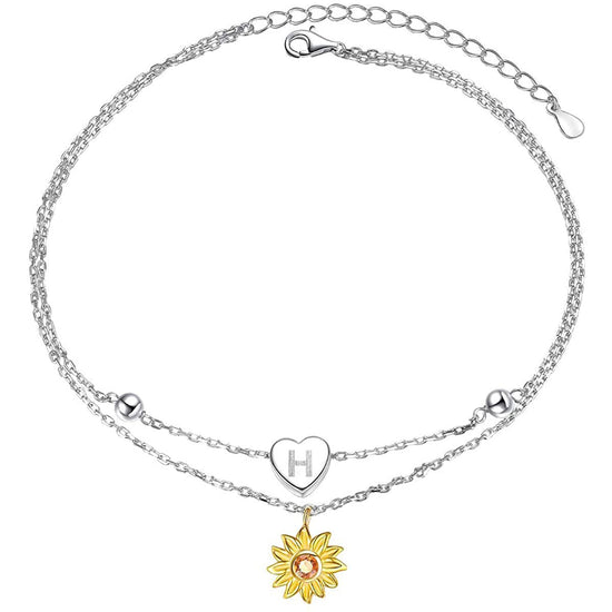 925 Sterling Silver Double Sunflower Customizable Alphabet Anklets Summer Style - onlyone