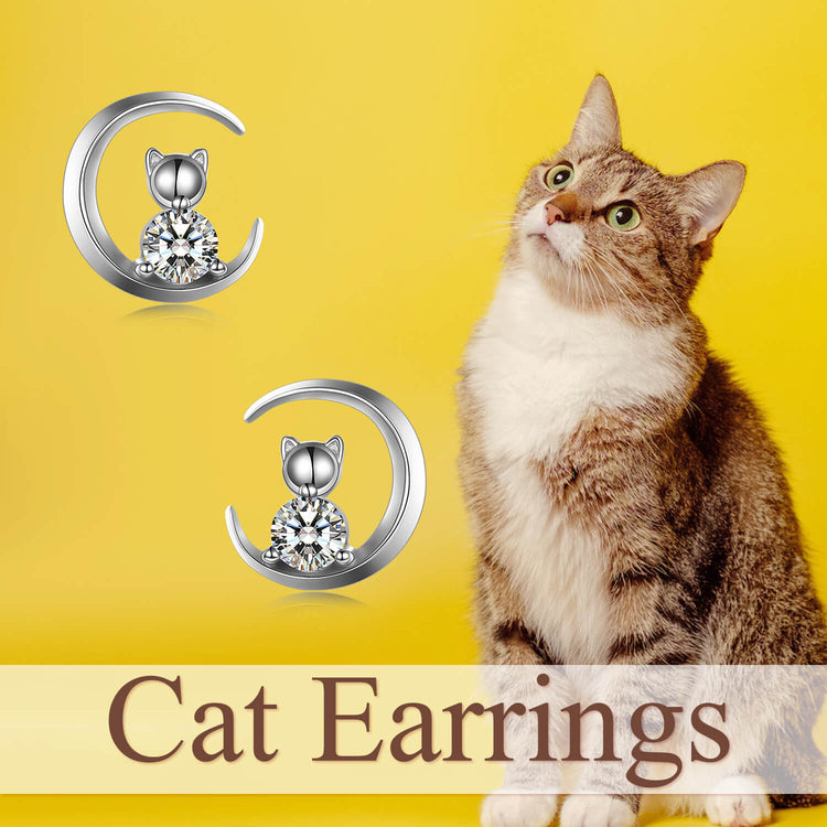 925 Sterling Silver Crescent Cat Stud Earrings