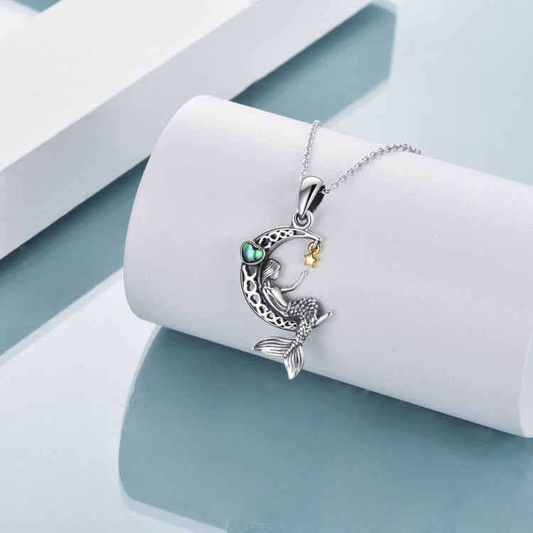 925 Sterling Silver Classic Sea Mermaid Crescent Moon Necklace