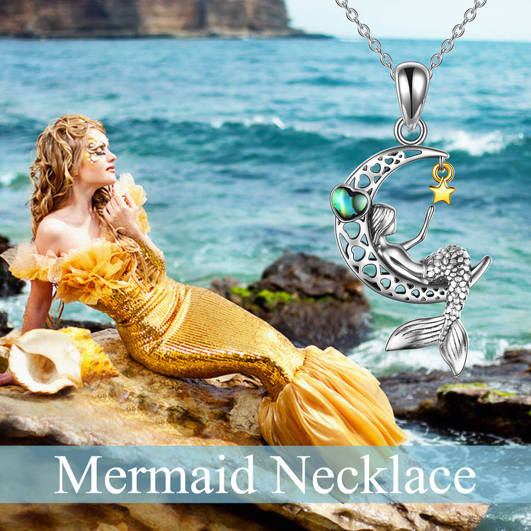 925 Sterling Silver Classic Sea Mermaid Crescent Moon Necklace