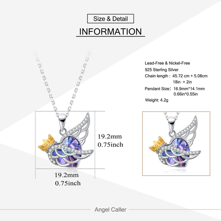 925 Sterling Silver Angel Wing Necklace Guardian Angel Jewelry Heart Purple Swarovski Crystal Pendant - onlyone