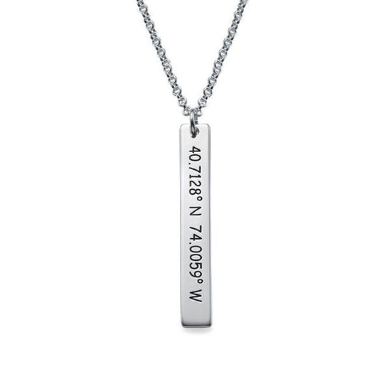925 Sterling Silver Engraved Vertical Coordinate Bar Name Necklace Nameplate Necklace, Custom Latitude and Longitude Necklace - onlyone