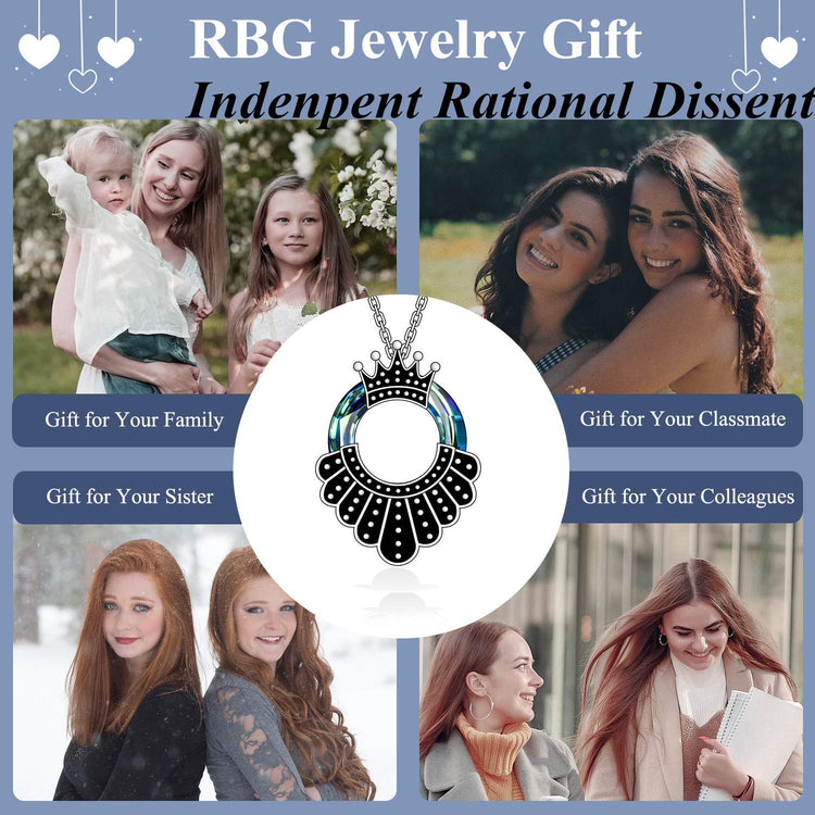 925 Sterling Silver RBG Collar Necklace Jewelry Gift for Women Girls, Dissent Spirit Memorial Pendant with Crystal
