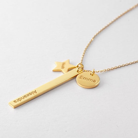 925 Sterling Silver Engraved Vertical Bar Custom Name Necklace With Star Letter Coin Nameplate Necklace - onlyone