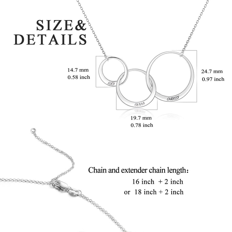925 Sterling Silver Engraved 3 Circle Name Heart Necklace Nameplate Necklace Gift For Mom - onlyone