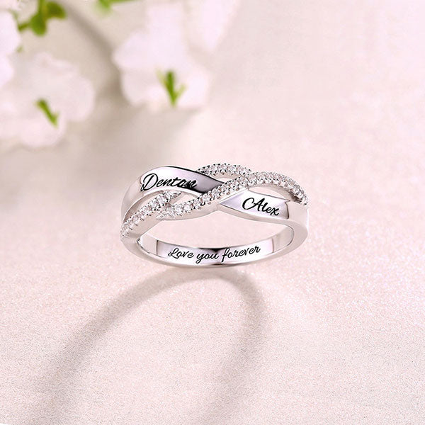 925 Sterling Silver Personalized Two Names Engraved Ring With Paved Zirconia