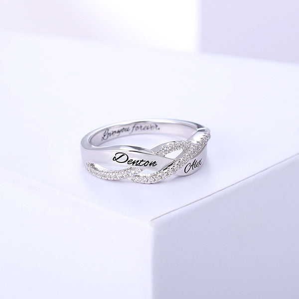 925 Sterling Silver Personalized Two Names Engraved Ring With Paved Zirconia