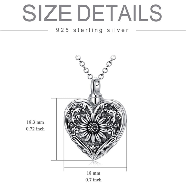 925 Sterling Silver Cameo Sunflower Heart Urn Necklace for Ashes
