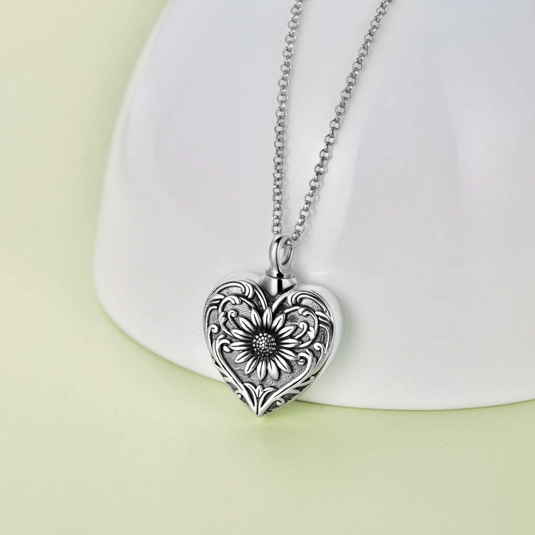 925 Sterling Silver Cameo Sunflower Heart Urn Necklace for Ashes