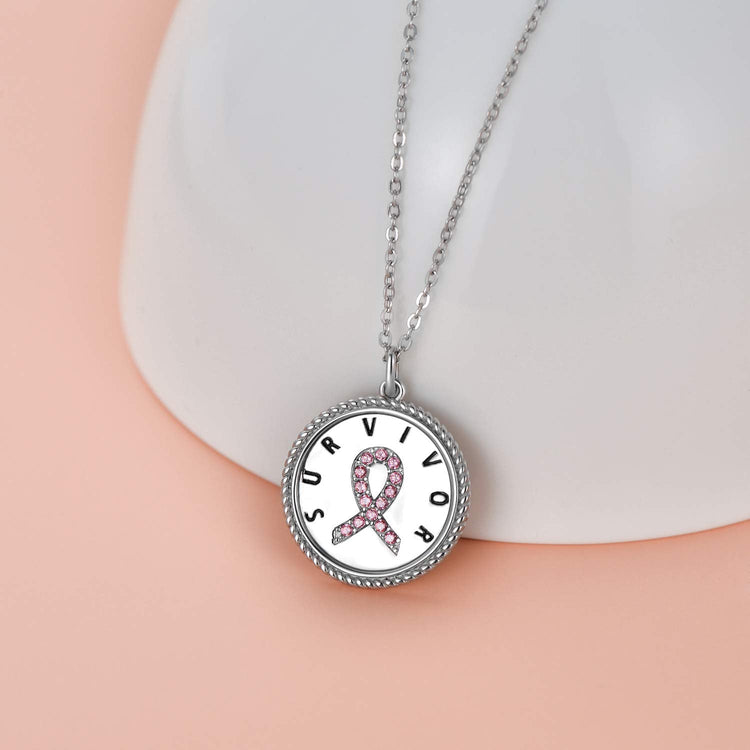 925 Sterling Silver Pink Ribbon Inspirational Breast Cancer Survivor Necklace