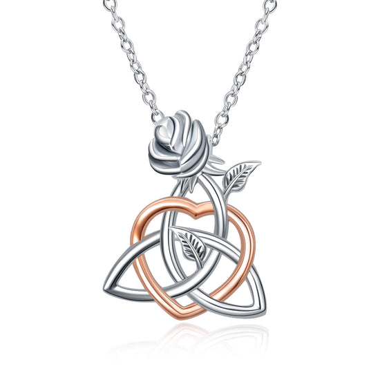925 Sterling Silver Celtic Knot Triangle Trinity Knot Love Heart Rose Pendant Necklace - onlyone