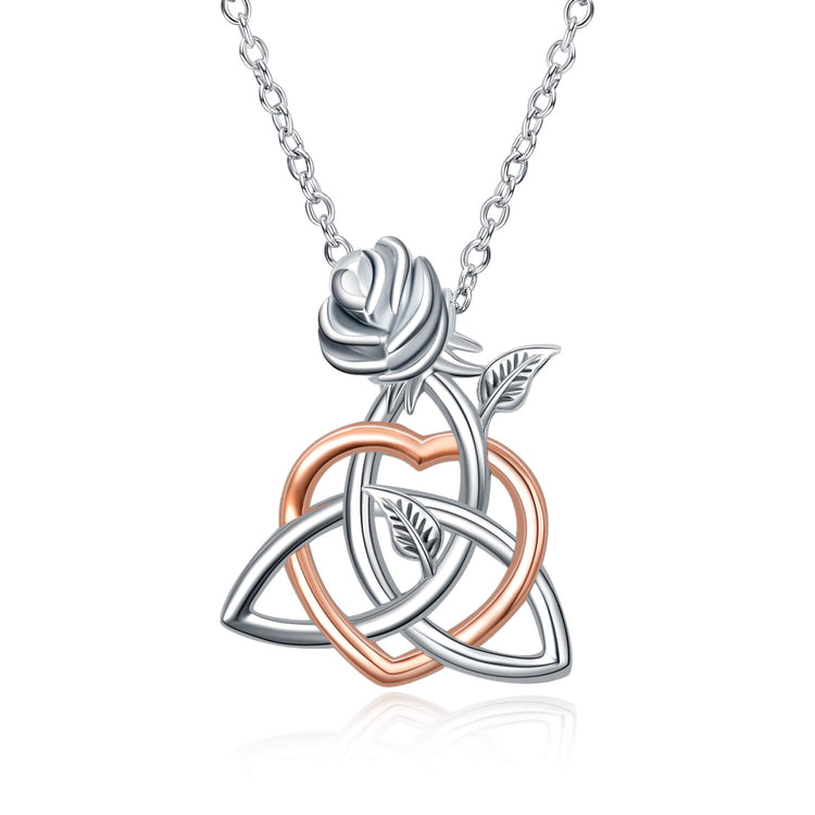 925 Sterling Silver Celtic Knot Triangle Trinity Knot Love Heart Rose Pendant Necklace - onlyone