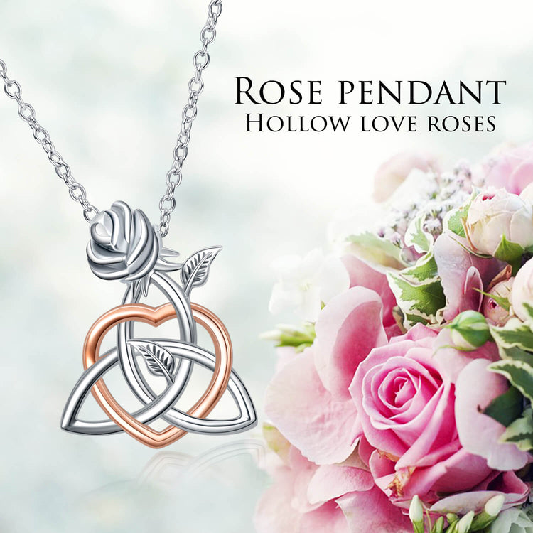 925 Sterling Silver Celtic Knot Triangle Trinity Knot Love Heart Rose Pendant Necklace - onlyone