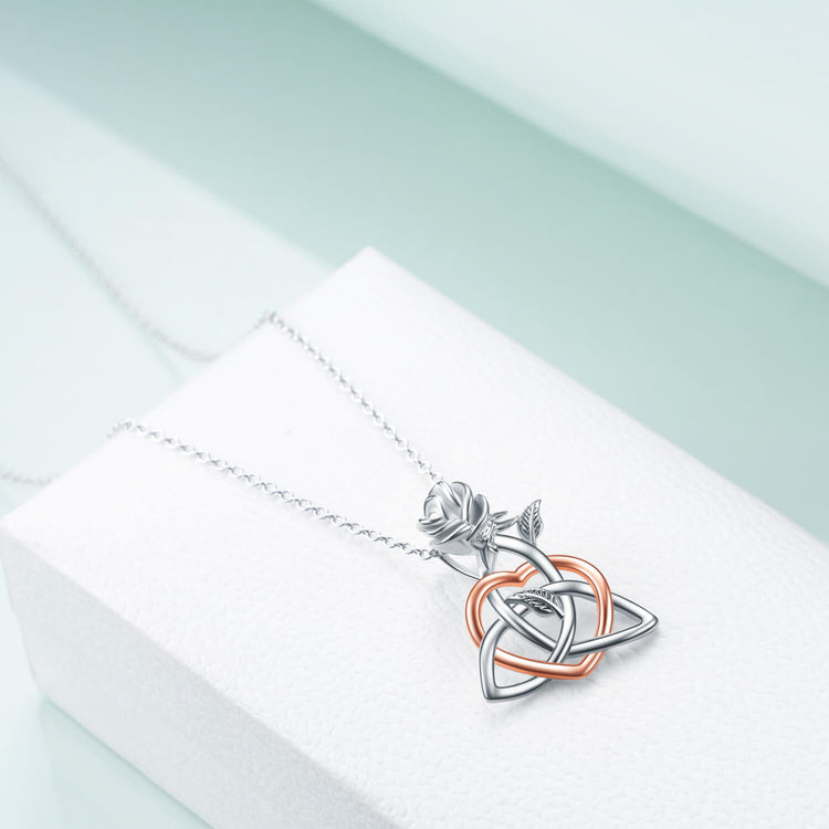 925 Sterling Silver Celtic Knot Triangle Trinity Knot Love Heart Rose Pendant Necklace - onlyone