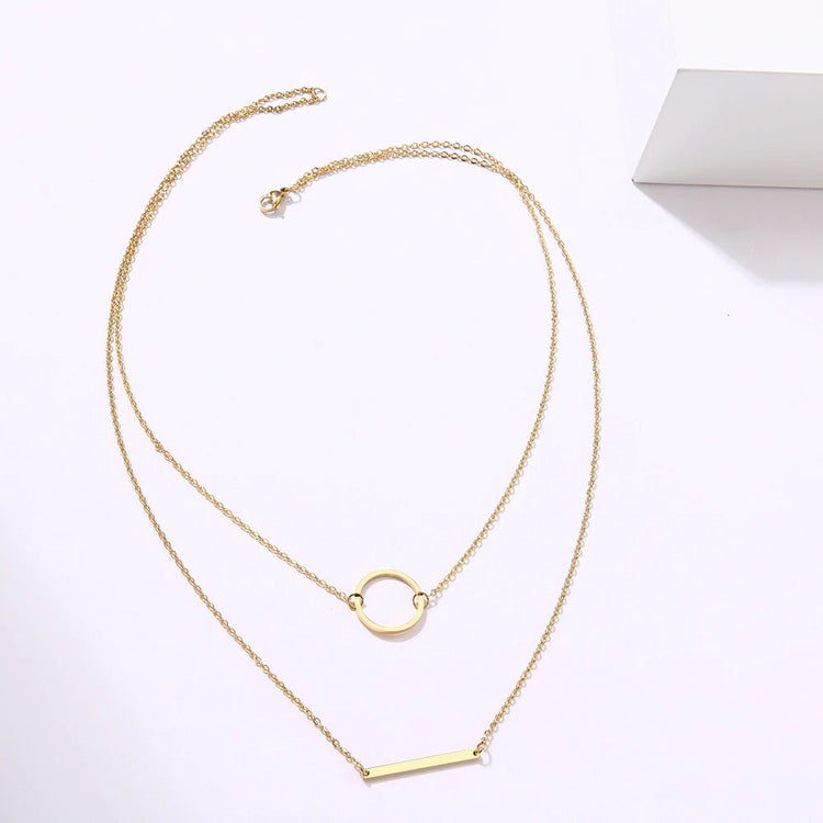 925 Sterling Silver Circle 3D Bar Double Layer Necklace, Delicate Layered Necklace For Woman