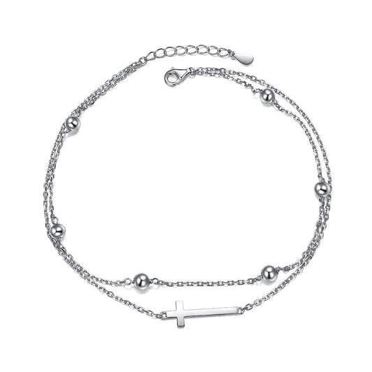 925 Sterling Silver Adjustable Foot Beaded Cross Charm Ankle - onlyone