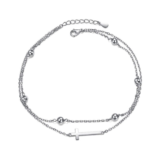 925 Sterling Silver Adjustable Foot Beaded Cross Charm Ankle - onlyone