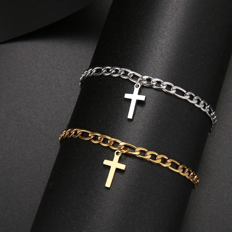 925 Sterling Silver Cross Anklet In Figaro Chain