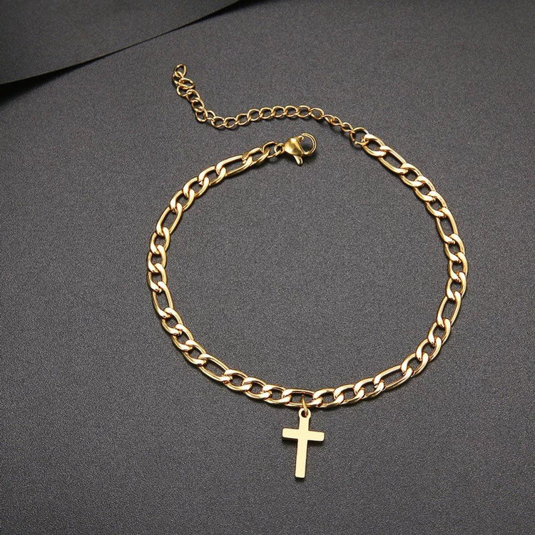 925 Sterling Silver Cross Anklet In Figaro Chain
