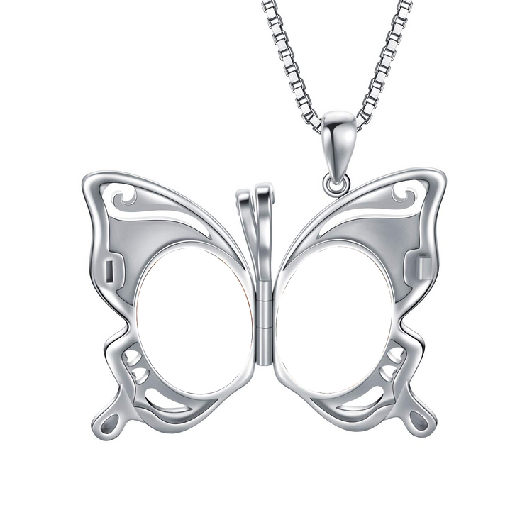 925 Sterling Silver Butterfly Round Photo Locket Necklace