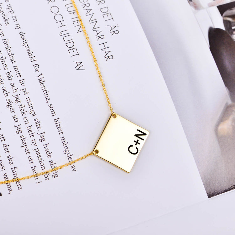 925 Sterling Silver Initial Bar Engraved Square Pendant Necklace - onlyone