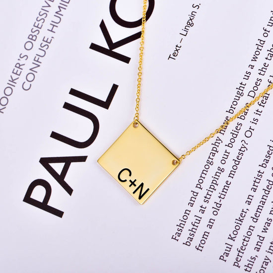 925 Sterling Silver Initial Bar Engraved Square Pendant Necklace - onlyone
