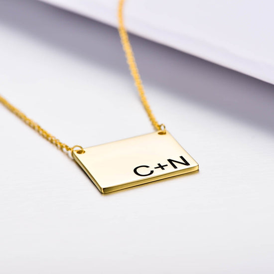 925 Sterling Silver Initial Bar Engraved Square Pendant Necklace - onlyone