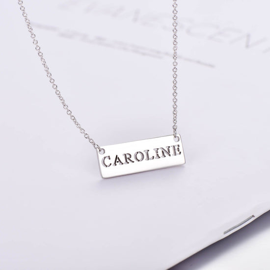 925 Sterling Silver Engraved Short Bar Name Necklace Cut Out Nameplate Necklace - onlyone