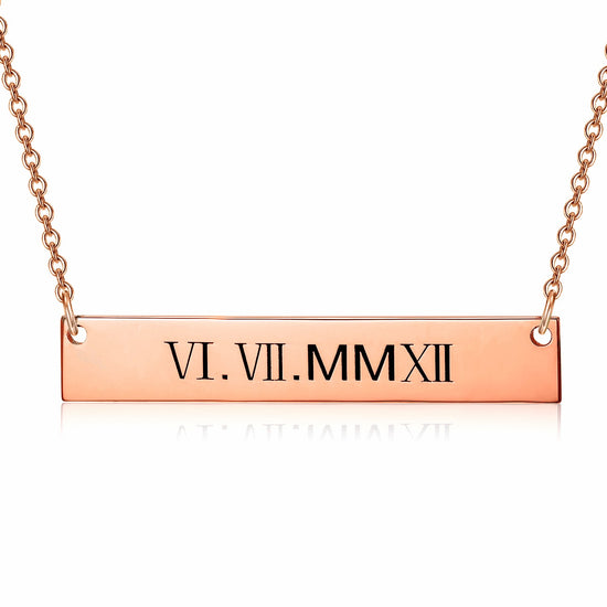 925 Sterling Silver Special Date Roman Numerals Engraved Bar Necklace - onlyone