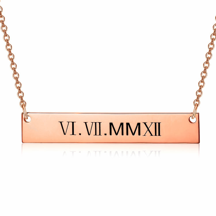 925 Sterling Silver Special Date Roman Numerals Engraved Bar Necklace - onlyone