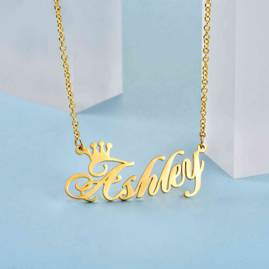 925 Sterling Silver Ashley Name Crown Necklace Nameplate Necklace You Are My Queen - onlyone