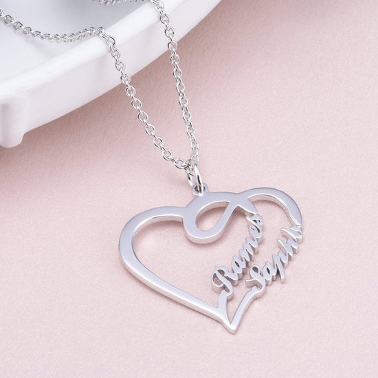 925 Sterling Silver Double Names Heart Name Necklace Nameplate Necklace - onlyone